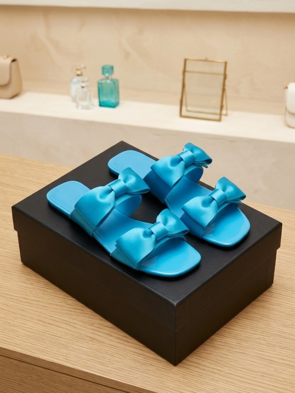 Bright Blue Satin Bow Slide Sandals for Women